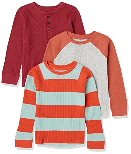 Amazon Essentials Jungen Langärmeliges, gestricktes Thermo-T-Shirt, 3er-Pack, Burgunderrot/Grau/Orange Rugby-Streifen, 6-7 Jahre von Amazon Essentials