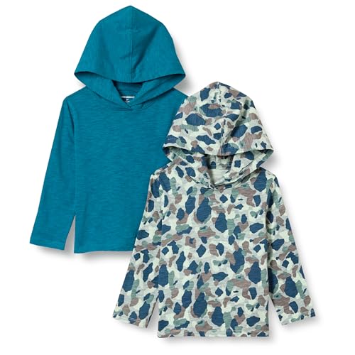 Amazon Essentials Jungen Leichtes T-Shirt mit Kapuze und Langen Ärmeln, 2er-Pack, Grünblau/Tarnmuster, 9 Jahre von Amazon Essentials