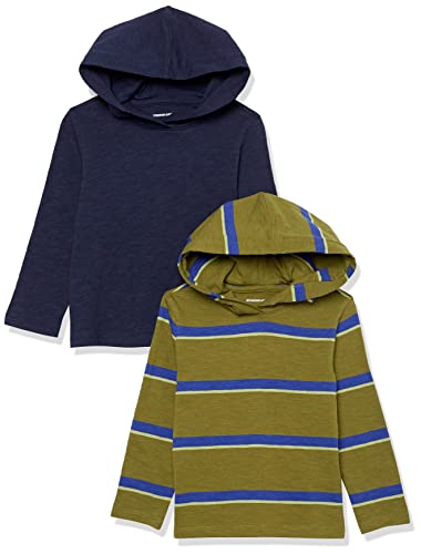 Amazon Essentials Jungen Leichtes T-Shirt mit Kapuze und Langen Ärmeln, 2er-Pack, Dunkles Marineblau/Grün Streifen, 10 Jahre von Amazon Essentials