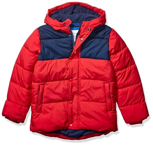 Amazon Essentials Jungen Schwere Pufferjacke mit Kapuze, Marineblau Rot Farbblock, 2 Jahre von Amazon Essentials