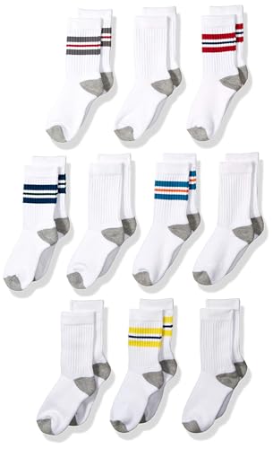 Amazon Essentials Jungen Crew-Turnsocken aus Baumwolle, 10 Paar, Weiß Streifen, 2-3 Jahre von Amazon Essentials