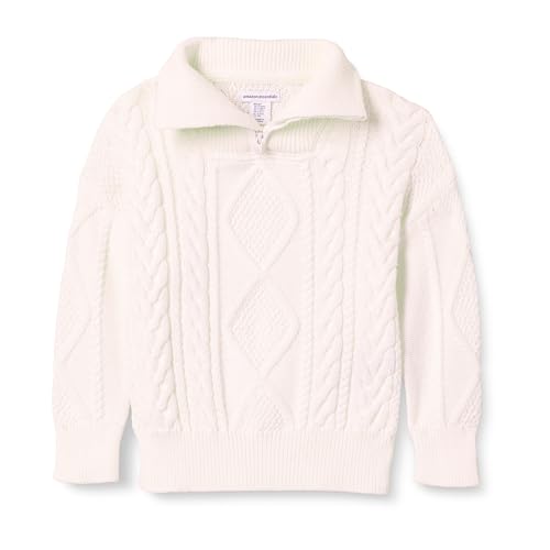 Amazon Essentials Jungen Zopfstrickpullover mit Viertel-Reißverschluss und lockerer Passform, Eierschalenweiß, 6-7 Jahre von Amazon Essentials