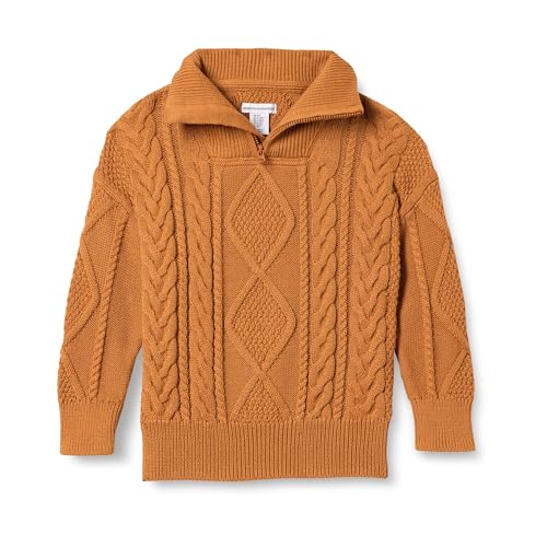 Amazon Essentials Jungen Zopfstrickpullover mit Viertel-Reißverschluss und lockerer Passform, Karamell, 10 Jahre von Amazon Essentials