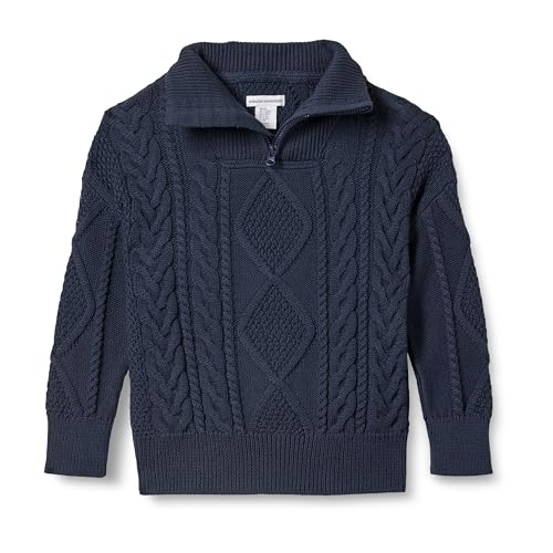 Amazon Essentials Jungen Zopfstrickpullover mit Viertel-Reißverschluss und lockerer Passform, Marineblau, 11-12 Jahre von Amazon Essentials