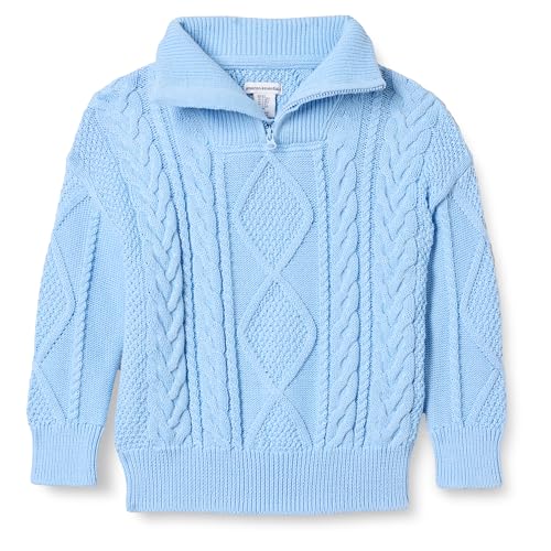 Amazon Essentials Jungen Zopfstrickpullover mit Viertel-Reißverschluss und lockerer Passform, Puderblau, 6-7 Jahre von Amazon Essentials