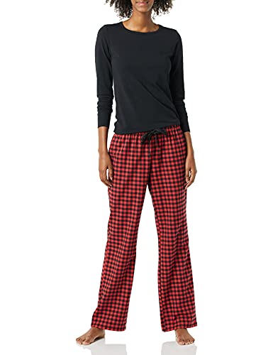 Amazon Essentials Damen Schlaf-Set leichte Flanellhose und langärmeliges-T-Shirt, Rot/Schwarz, Buffalokaros Muster, XL von Amazon Essentials