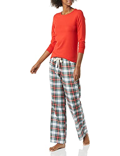 Amazon Essentials Damen Schlaf-Set leichte Flanellhose und langärmeliges-T-Shirt, Rot Schottenkaros, XL von Amazon Essentials