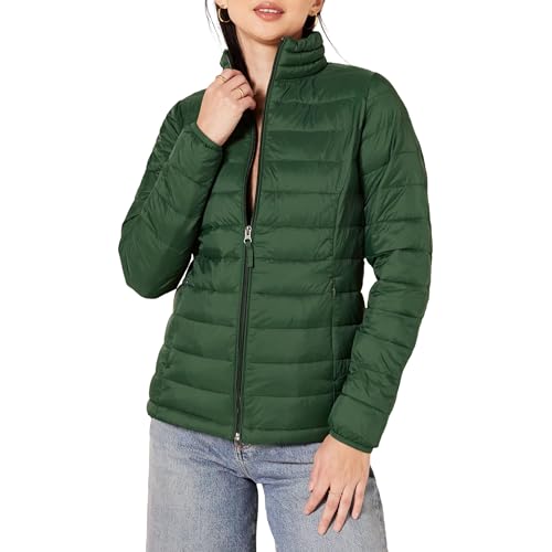 Amazon Essentials Damen Leichte, langärmelige, Wasserabweisende, packbare Pufferjacke (in Übergröße erhältlich), Dunkelgrün, S von Amazon Essentials