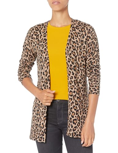 Amazon Essentials Damen Leichte Strickjacke, Vorne Offen (Erhältlich In Übergröße), Kamelbraun Leopardenmuster, L von Amazon Essentials