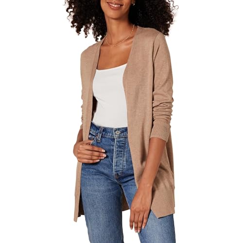 Amazon Essentials Damen Leichte Strickjacke ohne Knöpfe (in Übergröße erhältlich), Kamelbraun Meliert, S von Amazon Essentials