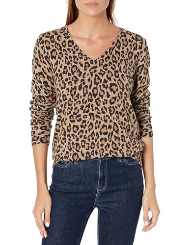 Amazon Essentials Damen Leichter, Langärmeliger Pullover Mit V-Ausschnitt, Klassischer Schnitt (Erhältlich In Übergröße), Kamelbraun Leopardenmuster, M von Amazon Essentials