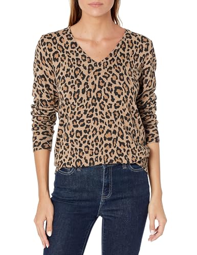 Amazon Essentials Damen Regular-Fit Leichter Langarm-Pullover V-Ausschnitt (In Übergröße Erhältlich), Kamelbraun Leopardenmuster, M von Amazon Essentials