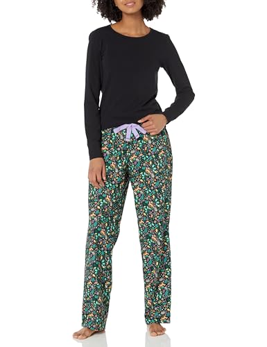 Amazon Essentials Damen Schlaf-Set leichte Flanellhose und langärmeliges-T-Shirt, Schwarz Folklorisch, XXS von Amazon Essentials