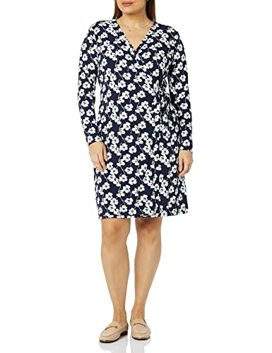 Amazon Essentials Damen Signature-Wickelkleid Mit Langen Ärmeln, Marineblau Blumen, XS von Amazon Essentials