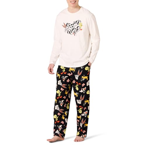 Amazon Essentials Herren Flanellhose und langärmeliges T-Shirt als Pyjama-Set, Looney Tunes Gang – Herren, L von Amazon Essentials