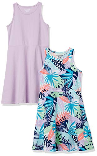 Amazon Essentials Mädchen Ärmelloses Tank-Play-Kleid aus Strick, 2er-Pack, Purpur/Tropisch, 5 Jahre von Amazon Essentials