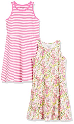 Amazon Essentials Mädchen Ärmelloses Tank-Play-Kleid aus Strick, 2er-Pack, Rosa Streifen/Weiß Floral, 3 Jahre von Amazon Essentials