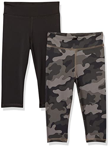 Amazon Essentials Mädchen Active-Capri-Leggings, 2er-Pack, Grau Tarnmuster/Schwarz, 11-12 Jahre von Amazon Essentials
