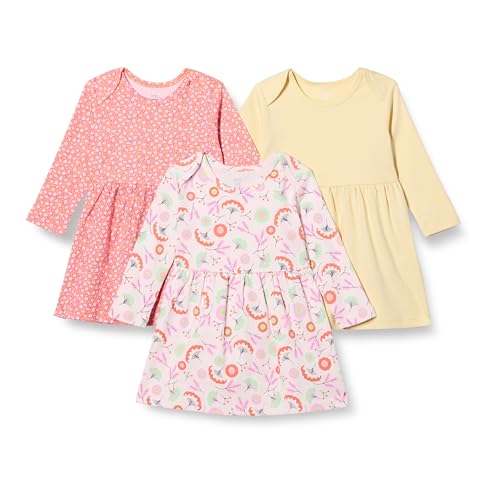 Amazon Essentials Mädchen Baumwollkleid Mit Langen Ärmeln, 3er-Pack, Blassgelb/Floral, 2 Jahre von Amazon Essentials