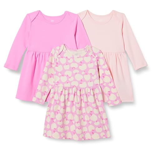 Amazon Essentials Mädchen Baumwollkleid Mit Langen Ärmeln, 3er-Pack, Rosa/Äpfel, 4 Jahre von Amazon Essentials
