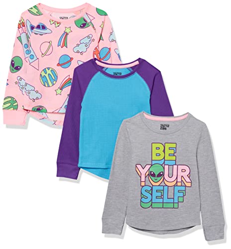 Amazon Essentials Mädchen Langärmeliges Strick-Thermo-T-Shirt (Früher Spotted Zebra), 3er-Pack, Blau/Grau Textaufdruck/Hellrosa Alien Aufdruck, 6-7 Jahre von Amazon Essentials