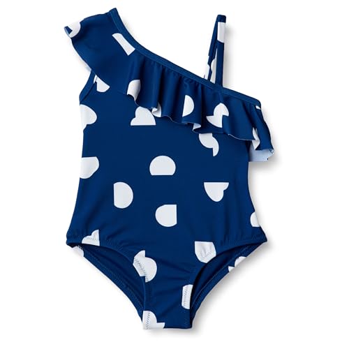 Amazon Essentials Mädchen Einteiliger Badeanzug mit asymmetrischen Rüschen, Tiefblau Elfenbein Abstrakt Punkte, 9 Jahre von Amazon Essentials