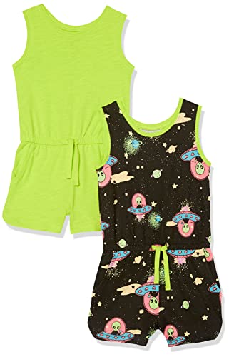 Amazon Essentials Mädchen Ärmelloser Strampler aus Strick (zuvor Spotted Zebra), 2er-Pack, Neon-hellgrün/Schwarz Außerirdische, 6-7 Jahre von Amazon Essentials