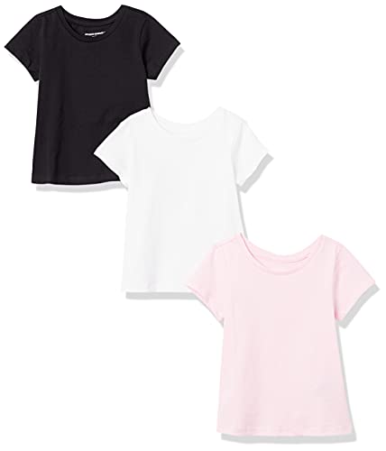 Amazon Essentials Mädchen Kurzärmlige T-Shirt-Oberteile (zuvor Spotted Zebra), 3er-Pack, Weiß/Schwarz/Rosa, 4 Jahre von Amazon Essentials