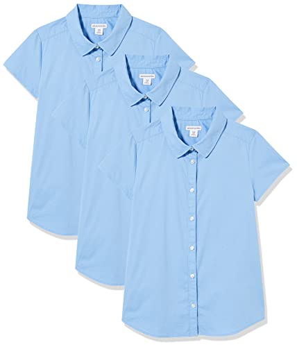 Amazon Essentials Mädchen Kurzärmlige Uniform-Hemden aus Stretch-Popeline mit Knopfleiste, 3er-Pack, Blau, 10 Jahre Große Größen von Amazon Essentials