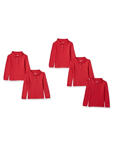 Amazon Essentials Mädchen Langärmelige Interlock-Poloshirts, 5er-Pack, Rot, 8 Jahre von Amazon Essentials