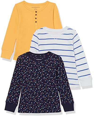 Amazon Essentials Mädchen Langärmeliges, gestricktes Thermo-T-Shirt, 3er-Pack, Gelb/Marineblau Floral/Weiß Streifen, 4 Jahre von Amazon Essentials