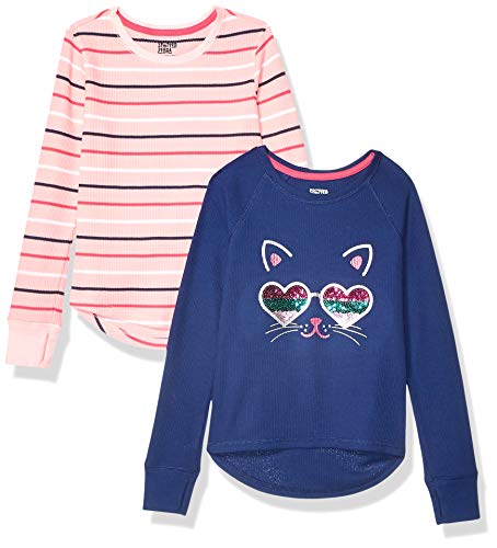 Amazon Essentials Mädchen Langärmeliges Strick-Thermo-T-Shirt (Früher Spotted Zebra), 2er-Pack, Blau Katze/Rosa Streifen, 8 Jahre von Amazon Essentials