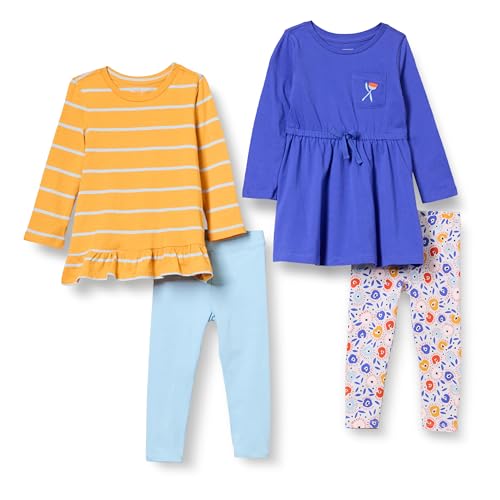 Amazon Essentials Mädchen Langärmliges Outfit-Set, 4er-Pack, Blau/Gelb Streifen/Himmelblau/Weiß Floral, 8 Jahre von Amazon Essentials