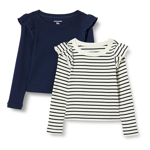 Amazon Essentials Mädchen Langarmshirt mit Rüschen, 2er-Pack, Bretonstreifen/Marineblau, 2 Jahre von Amazon Essentials