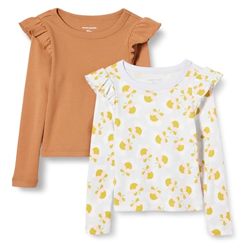 Amazon Essentials Mädchen Langarmshirt mit Rüschen, 2er-Pack, Graphische Blume/Helles Karamell, 6-7 Jahre von Amazon Essentials