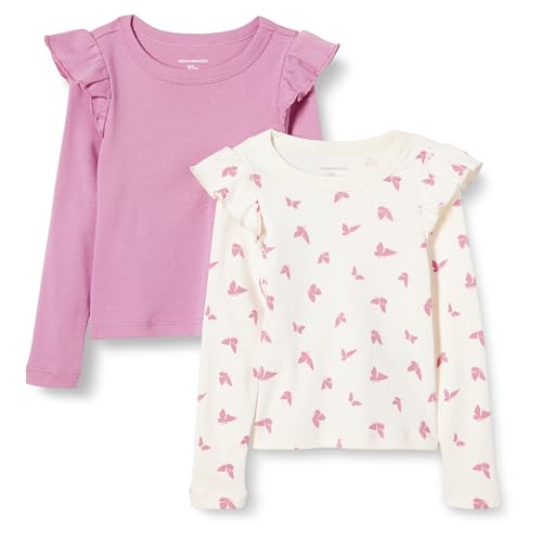 Amazon Essentials Mädchen Langarmshirt mit Rüschen, 2er-Pack, Mauve/Schmetterlinge, 10 Jahre von Amazon Essentials