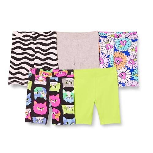 Amazon Essentials Mädchen Midi-Radshorts (Früher Spotted Zebra), 5er-Pack, Blau Blumen/Grau/Lindgrün/Schwarz Katze/Weiß Wellenmuster, 10 Jahre von Amazon Essentials