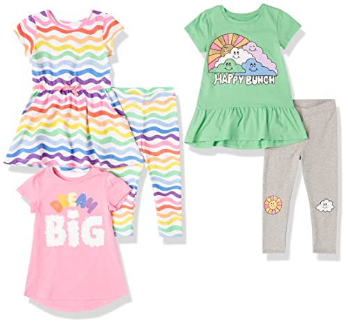 Amazon Essentials Mädchen Outfit/Geschenkset Mit Kleid, Tuniken, Leggings Zum Kombinieren (Früher Spotted Zebra), Grau/Grün Wolken/Rosa Textaufdruck/Weiß Regenbogen, 5 Jahre von Amazon Essentials