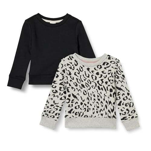 Amazon Essentials Mädchen Sweatshirts aus Fleece mit Rundhalsausschnitt, 2er-Pack, Hellgrau Meliert Leopardenmuster/Schwarz, 2 Jahre von Amazon Essentials