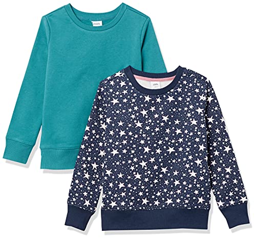 Amazon Essentials Mädchen Fleece-Pullover-Sweatshirts Mit Rundhalsausschnitt, 2er-Pack, Grünblau/Marineblau Sterne, 6-7 Jahre von Amazon Essentials