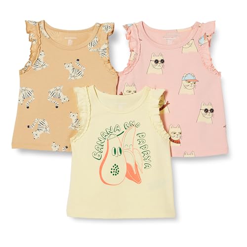 Amazon Essentials Mädchen Tanktops mit Rüschen, 3er-Pack, Coole Katze/Tiger/Tropische Früchte, 3 Jahre von Amazon Essentials