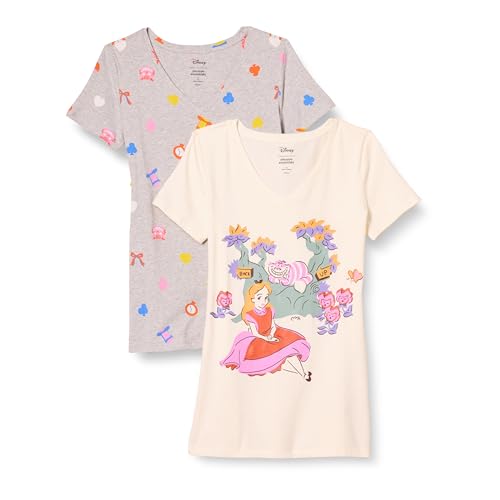 Amazon Essentials Disney | Marvel | Star Wars | Princess Damen Kurzärmeliges T-Shirt mit V-Ausschnitt, Klassischer Schnitt, 2er-Pack, Disney Alice, M Amazon Essentials Disney | Marvel | Star Wars | Princess Damen Kurzärmeliges T-Shirt mit V-Ausschnitt, Klassischer Schnitt, 2er-Pack, Disney Alice, M von Amazon Essentials