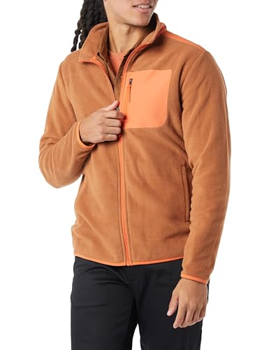 Amazon Essentials Herren Fleecejacke mit durchgehendem Reißverschluss (in Big und Tall erhältlich), Khakibraun Orange Farbblock, S von Amazon Essentials