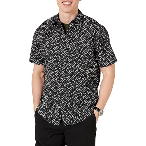 Amazon Essentials Herren Kurzärmeliges Hemd mit Aufdruck, Normale Passform, Schwarz Floral, L von Amazon Essentials