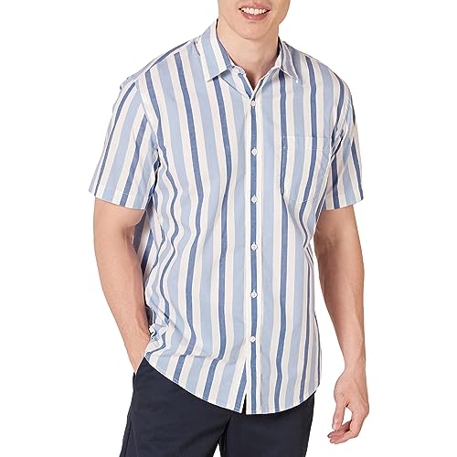 Amazon Essentials Herren Kurzärmeliges Hemd aus Popeline, Normale Passform, Blau Weiß Streifen, M von Amazon Essentials