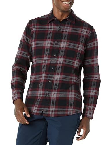 Amazon Essentials Herren Schmal Geschnittenes, Langärmliges Flanellhemd Mit Knopfleiste, Kariert, Schwarz Burgunderrot Karomuster, L von Amazon Essentials