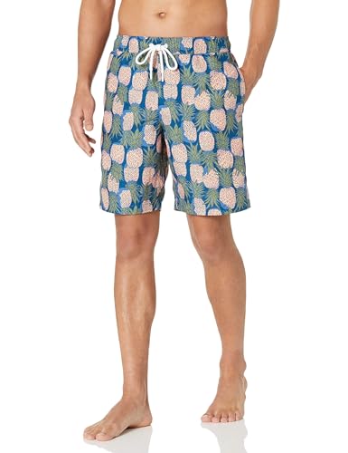 Amazon Essentials Herren Badehose, 23 cm, Mit Lockerer Passform und Schnelltrocknend - Auslauffarben, Marineblau Pfirsich Ananasaufdruck, XL von Amazon Essentials