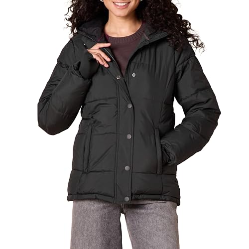 Amazon Essentials Damen Schwerer, Gesteppter, Langärmliger Puffermantel Mit Kapuze (Erhältlich in Übergröße), Schwarz, M von Amazon Essentials