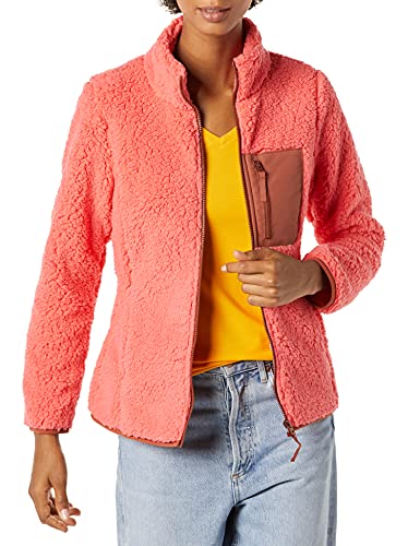Amazon Essentials Damen Lange Sherpa-Jacke Mit Stehkragen, Durchgehendem Reißverschluss Und Gewebtem Saum (Erhältlich In Übergröße), Braun Korallenrosa Farbblock, XL von Amazon Essentials
