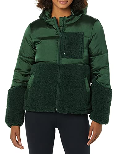 Amazon Essentials Damen Sherpa-Fleece-Pufferjacke Mit Kapuze Und Durchgehendem Reißverschluss, Dunkelgrün Glänzend, XL von Amazon Essentials